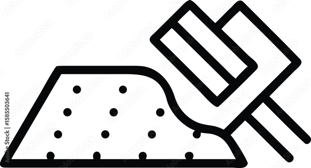 Poster farming pitchfork on soil pile icon in simple line art style