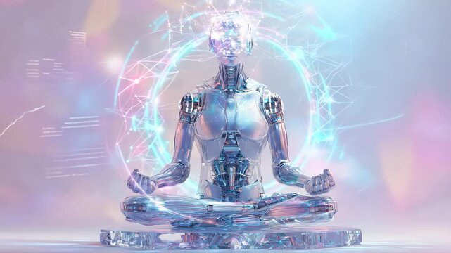 A robotic figure meditates in a serene digital environment, showcasing a blend of technology and tranquility through light reflections