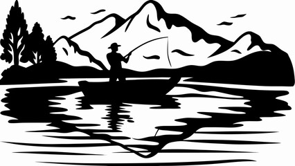 Silhouette of a fisherman in a boat on a lake with mountains and trees in the background scenery scene