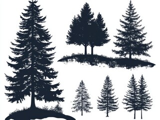 A collection of evergreen coniferous forest trees is depicted in a modern illustration featuring vintage trees and forest silhouettes in monochrome style