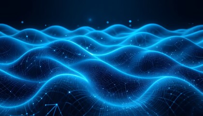Abstract digital waves.  Blue glowing lines and points on a dark background