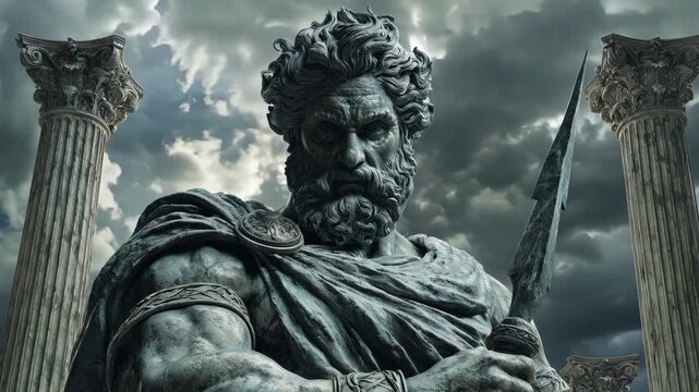 A magestic statue of Zeus representing a powerful deity stands among weathered columns under a dark and dramatic sky