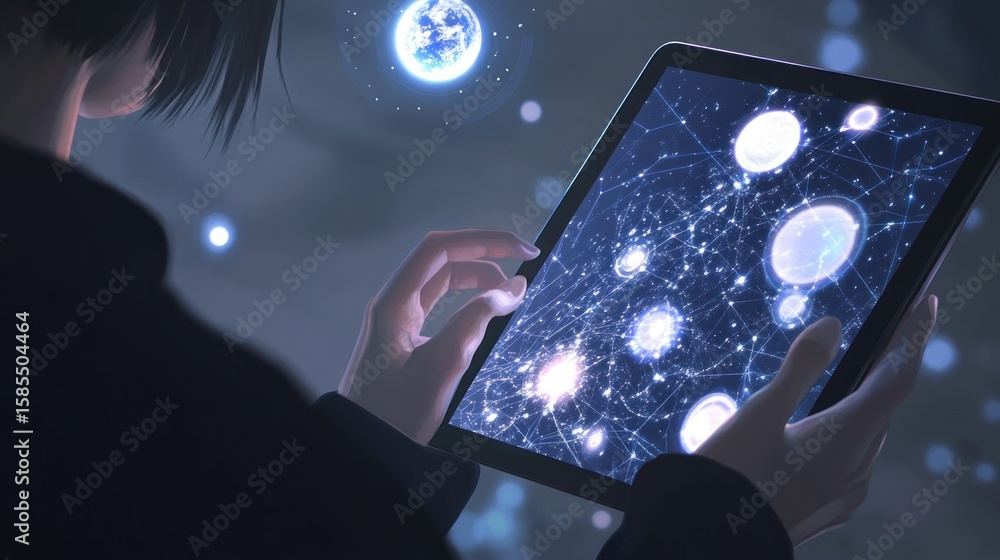 Poster person interacting with a digital interface on a tablet device