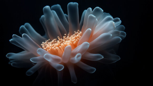 Background for text and design with glowing underwater flower polyp on black background