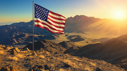 Diagonal American Flag Against Majestic Mountain Range with Golden-Hour Light