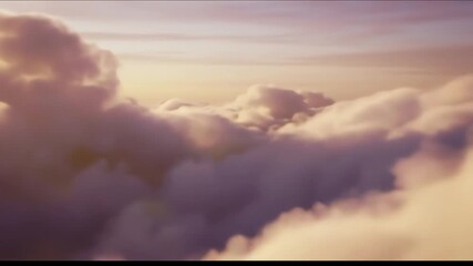 Serene aerial journey flying through a sea of soft fluffy clouds during a beautiful sunset - Powered by Adobe