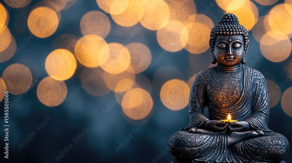 Poster tranquil buddha statue illuminated by a warm glowing candlelight ambiance creating a soothing and co