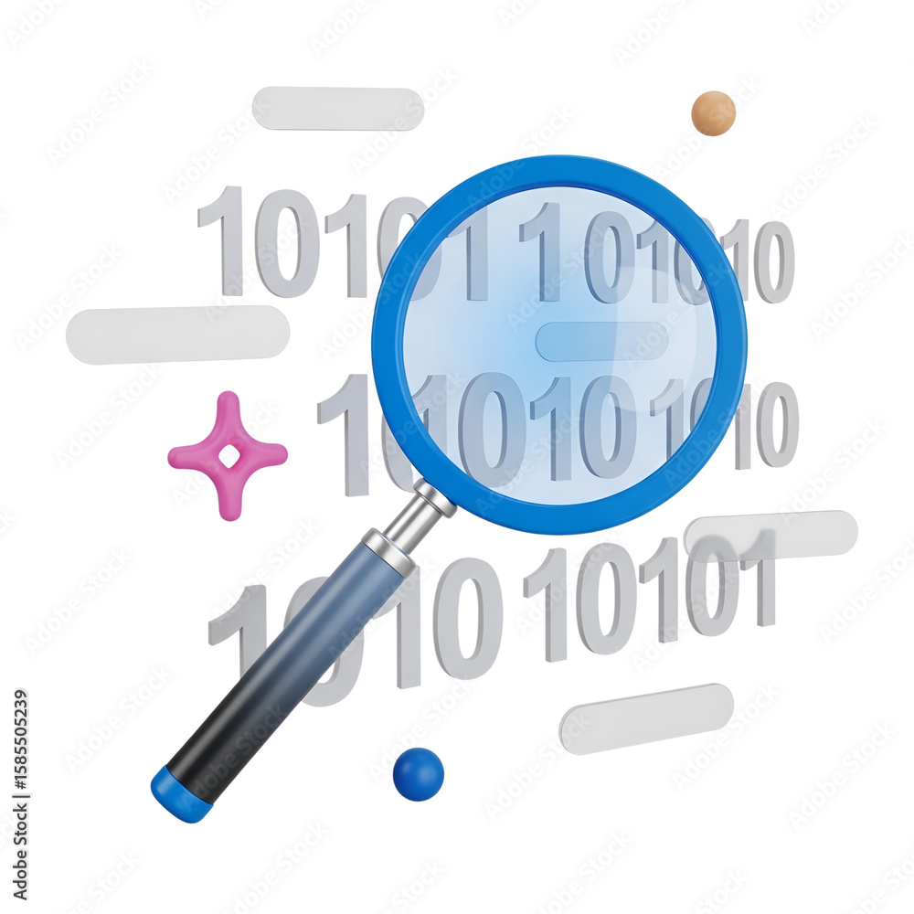 Poster 3d icon of a magnifying glass over binary code isolated on transparent background