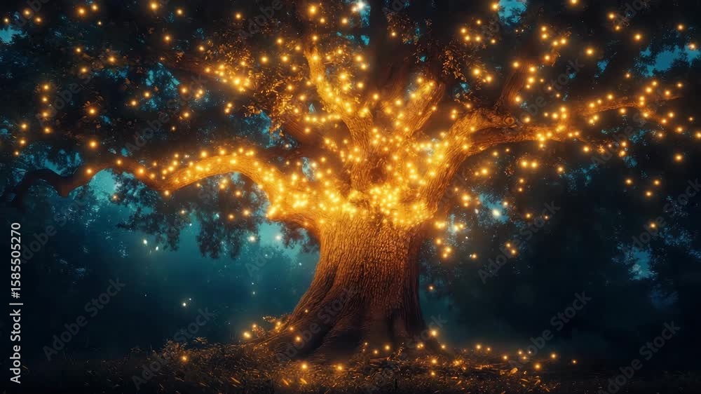 Poster large old tree illuminated with golden lights stands in a dark forest at night with small orbs of li