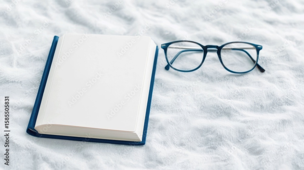 Poster mindful desk setup with open book and eyeglasses resting on a serene organized workspace promoting a