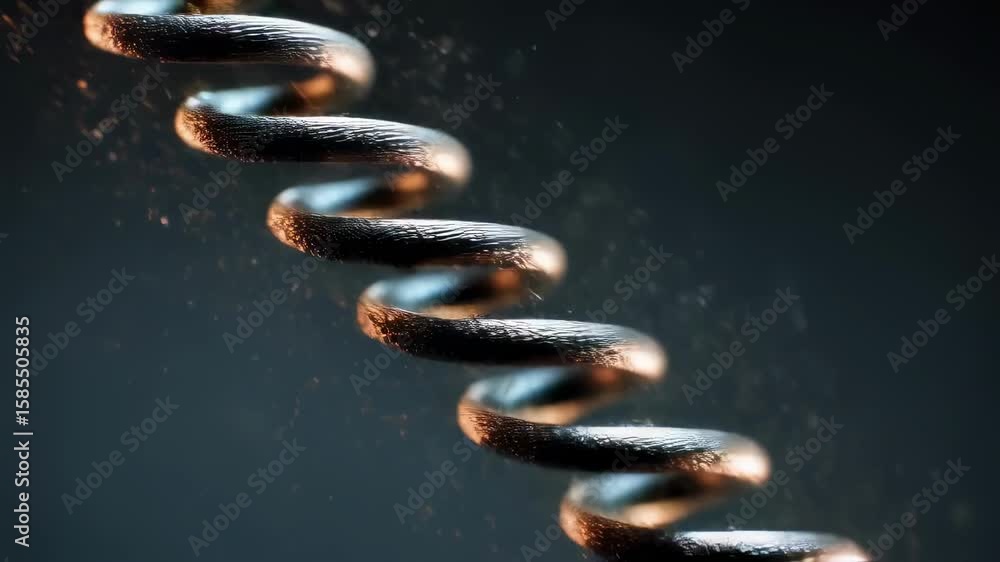 Poster close up shot of a metal spring unraveling against a dark background, scattering particles and creat