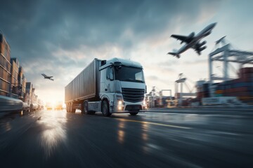 Innovative Logistics Solutions - Semi-Truck with Container and Wireframe Cityscape - Transportation and Technology.