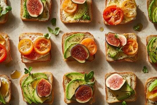 Fresh avocado and fig toasts with heirloom tomatoes and microgreens