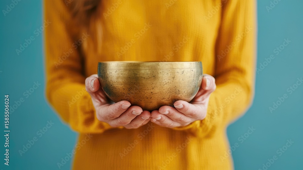 Poster closeup of a meditation bowl ringing softly during a mindfulness practice session creating a serene 