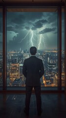 Fototapeta premium Businessman looking at lightning over city skyline from office window stock photo