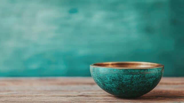 Closeup of a textured green ceramic meditation bowl ringing softly during a mindfulness practice session  The bowl s soothing sound promotes relaxation focus and inner peace