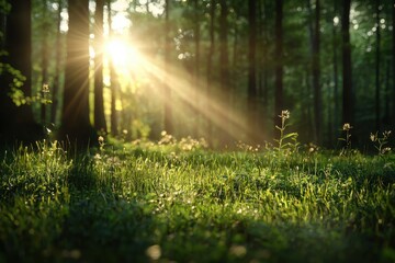 Obraz premium Sunlight breaking through trees in a peaceful woodland clearing nature photography serene environment close-up perspective