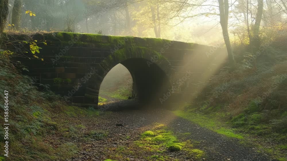 Aufkleber moss covered stone arch bridge with sunlight shining through foggy forest path and trees in the back