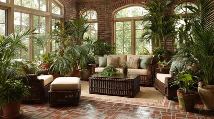 Fototapeta premium Sunroom with wicker furniture and lush plants