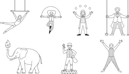 Obraz premium Circus Acts Line Art Collection Acrobats Clowns Elephants Juggling Tightrope Balancing Entertainment