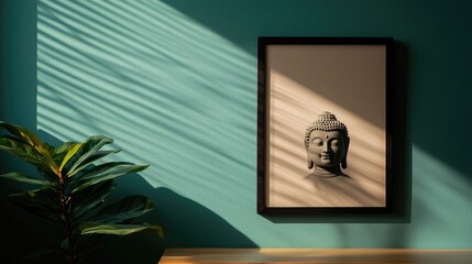 Framed artwork depicting a Buddha statue in a tranquil meditative setting  The image features soothing shadows natural light and lush tropical plants