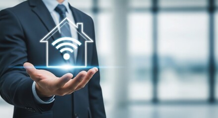 Business professional displaying smart home technology concept in a modern office environment