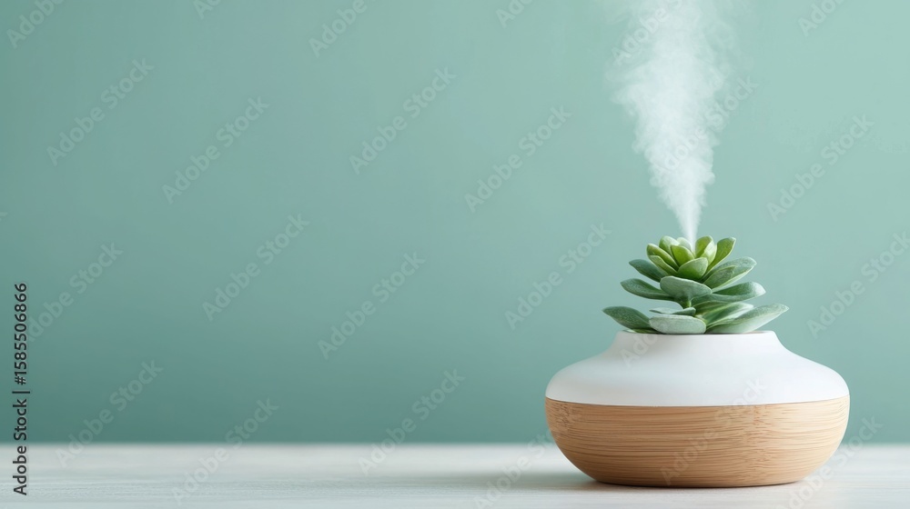 Poster soothing aroma diffuser with aromatic mist emitting from a potted succulent plant creating a calming