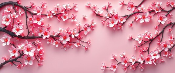 Intricate paper cut sakura blossoms & branches form an abstract background with copy space, high detail, graphic