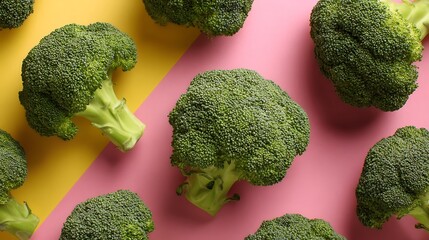 A top-down view of fresh green broccoli on a colorful background, symbolizing healthy, vegetarian food choices for improved nutrition.