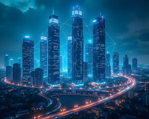 Obraz premium City skyline illuminated at night with futuristic designs and glowing features showcasing modern architecture and technology