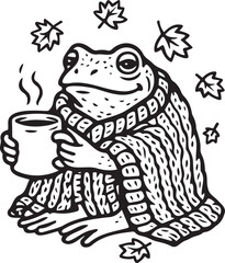 Fall Frog with Cozy Blanket and Cup of Coffee