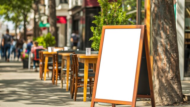 Blank signboard at outdoor restaurant with wooden tables and chairs on city sidewalk