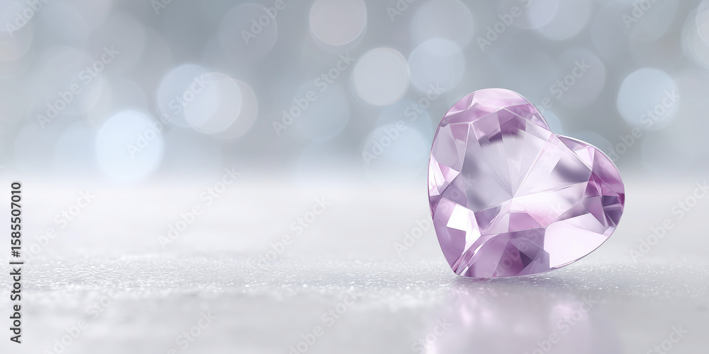 Poster heart-shaped purple gemstone resting on a reflective surface, surrounded by a soft bokeh background,