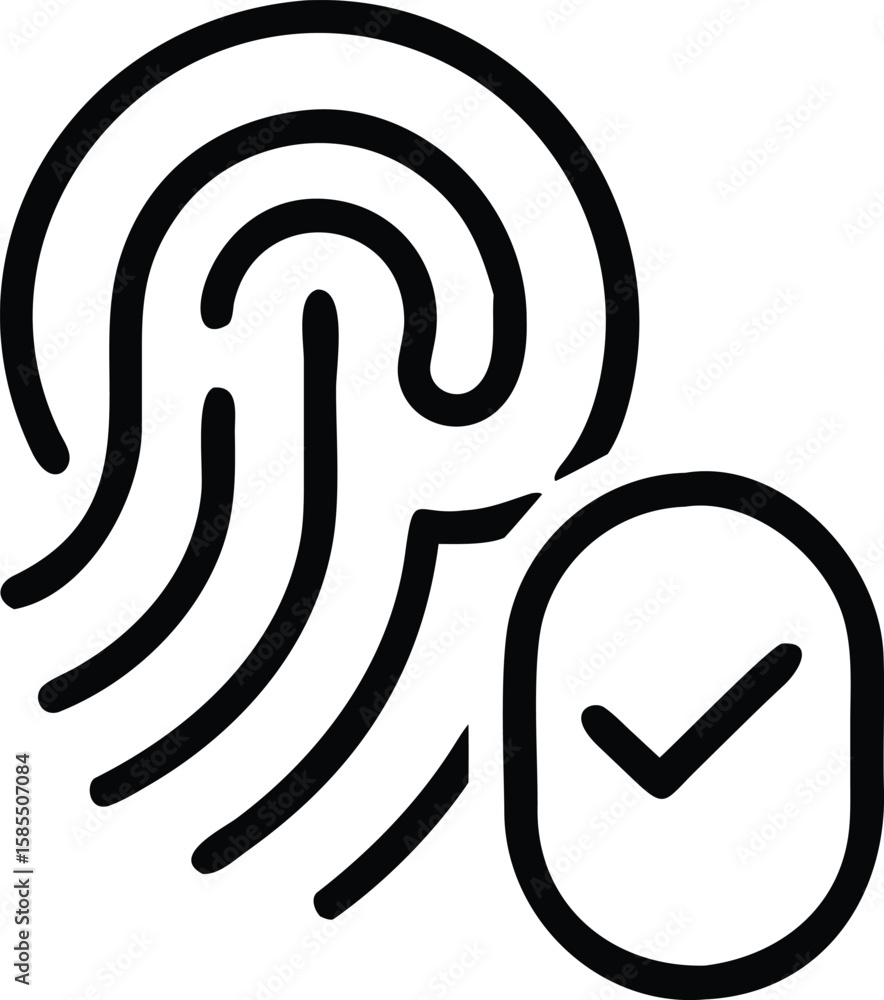 Poster fingerprint scan icon with check mark in line art style authentication approved