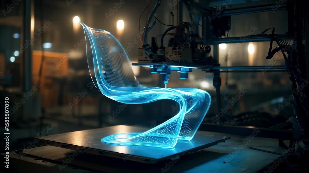 Poster automated robotic arm using 3d printing technology to produce a transparent chair, showcasing innova