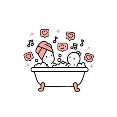 Cute Characters Enjoying a Relaxing Bubble Bath with Music and Social Media Hearts. Self-Care and Digital Leisure Concept.