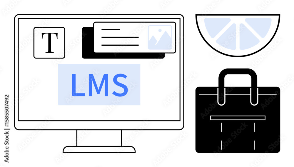 Poster desktop screen displaying lms interface with text, image tools, briefcase, and pie illustration. ide