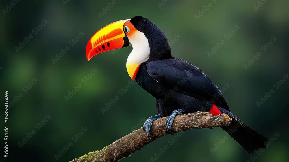 Poster close up of a colorful toucan perched on a mossy branch with a blurred green background focusing on 