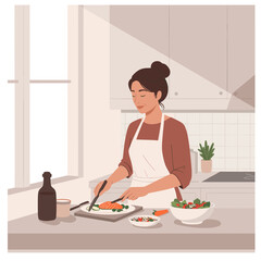 Woman cooking healthy meal in a modern kitchen. Home chef preparing fresh food, healthy lifestyle and domestic life illustration.