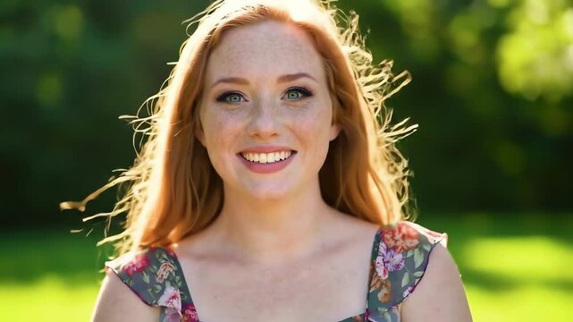 Close up portrait of a beautiful redhead woman with freckles smiling happily in a sunny park