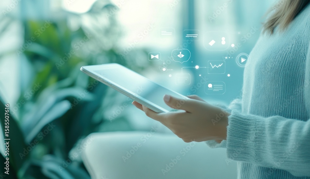 Poster woman using tablet for digital communication and data analysis