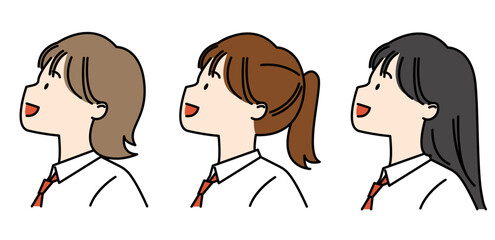上を向くワイシャツネクタイの女子高生3セット
