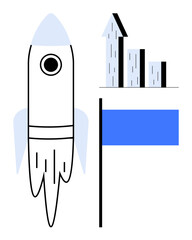 Rocket launching beside upward bar chart and flag symbolizing progress, achievement, and growth. Ideal for startup growth, success, business strategy, innovation, goal-setting, leadership simple