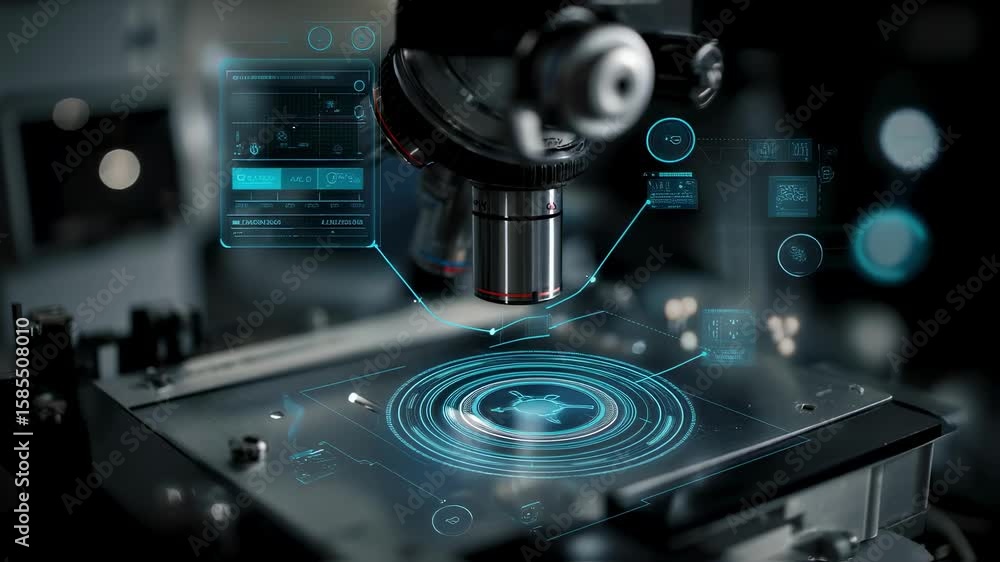 Poster state of the art microscope examining a sample in a sophisticated laboratory, featuring a futuristic
