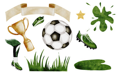 Soccer ball, grass, boot watercolor set. Hand drawn sports equipment on white background. Clip art football. Ideal for posters and game tickets