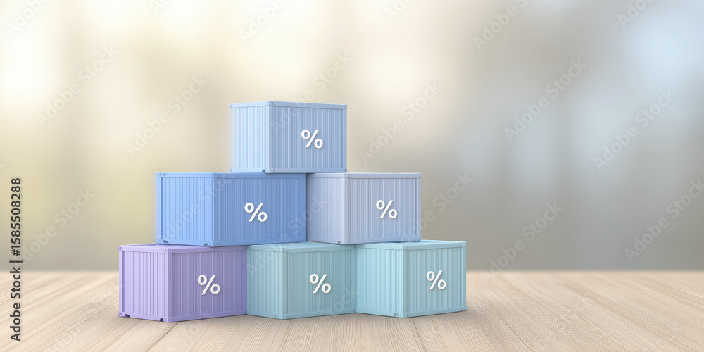 Poster colorful stacked containers with percentage symbols on a wooden surface, creating a visually appeali