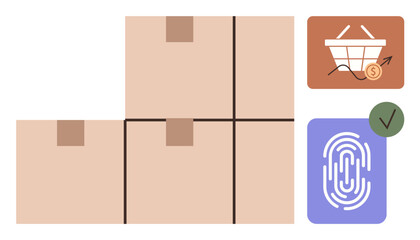 Cardboard boxes stacked in warehouse setup, basket with growth chart showing e-commerce trends, biometric fingerprint, and green check. Ideal for logistics, security, technology, e-commerce