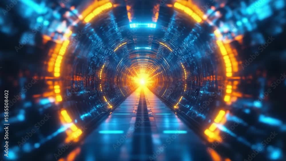 Poster abstract rendering of a futuristic tunnel with orange and blue neon lights converging towards a brig