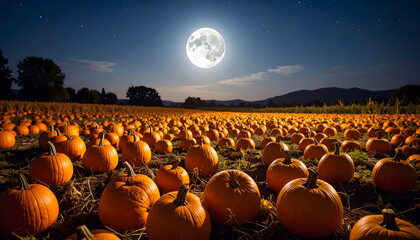 Obraz premium Full Moon over a Field of Pumpkins at Night
