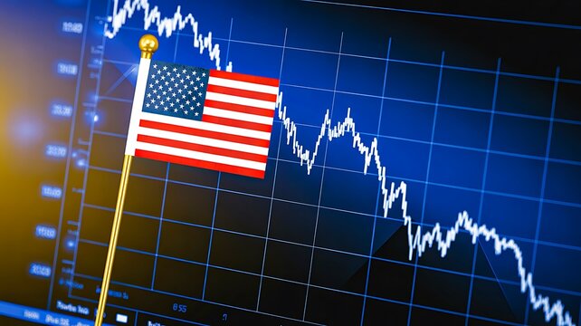 American flag with declining stock market graph on blue background representing financial crisis